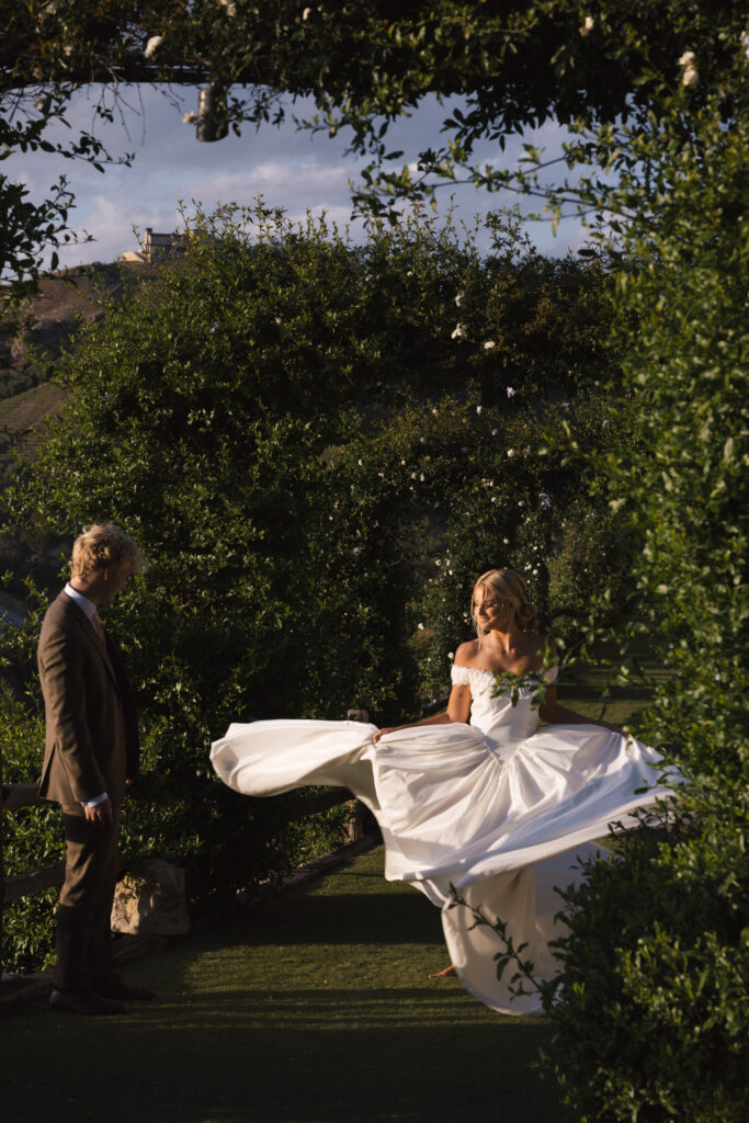 Romantic first look, bride spinning cinematically